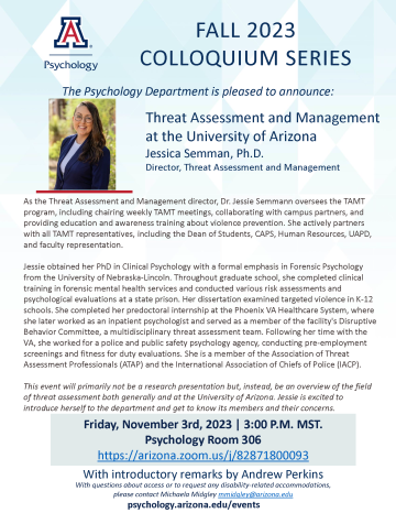 Colloquium - Flyer - Jessica Semann from UA TAMT on November 3rd, 2023
