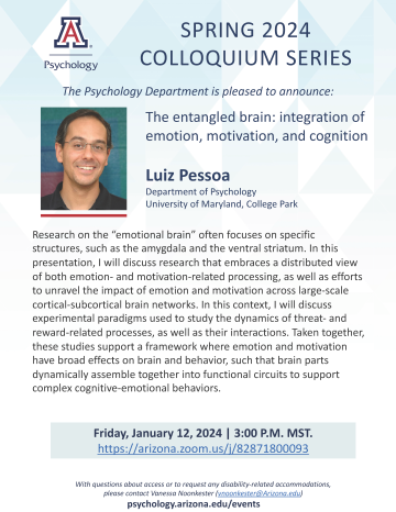Colloquium Flyer for Luiz Pessoa on Emotion, Motivation, & Cognition happening January 12th, 2024