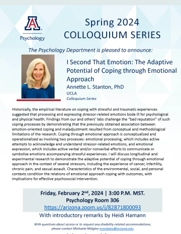 Colloquium Flyer for Annette Stanton on Coping Through Emotional Approach
