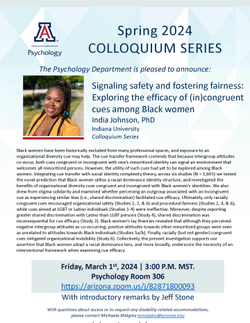 Colloquium Flyer for India Johnson on (In)Congruence Cues Among Black Women