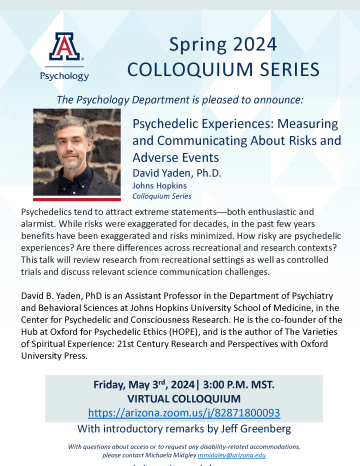 Colloquium Flyer for David Yaden on Psychedelic Experiences on May 3rd, 2024