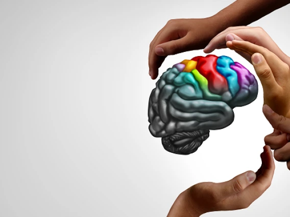 student hands around colorful brain