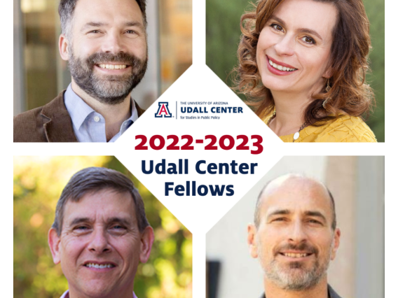 4 recipient photos bordering logo of Udall Center fellows from 2022-2023