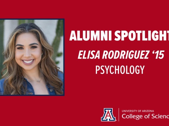 Red background with white text: College of Science Alumni Spotlight with Elisa Rodriguez headshot