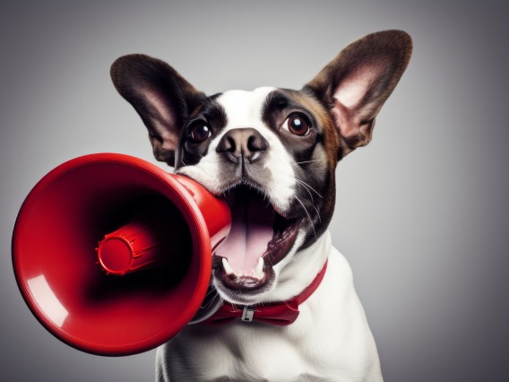 Boston terrier with red megaphone in mouth