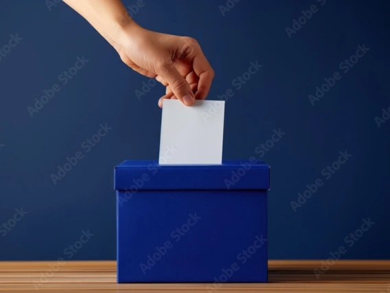 Hand depositing paper ballot into blue box