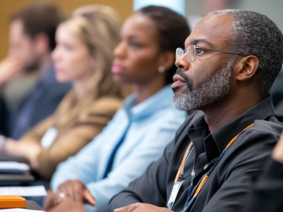 roup of professionals learns new skills during a hands-on business training workshop, taking notes and asking questions
