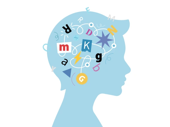 Light blue outline of head with short hair - inside a multicolored jumble of letters and symbols indicating thought formation