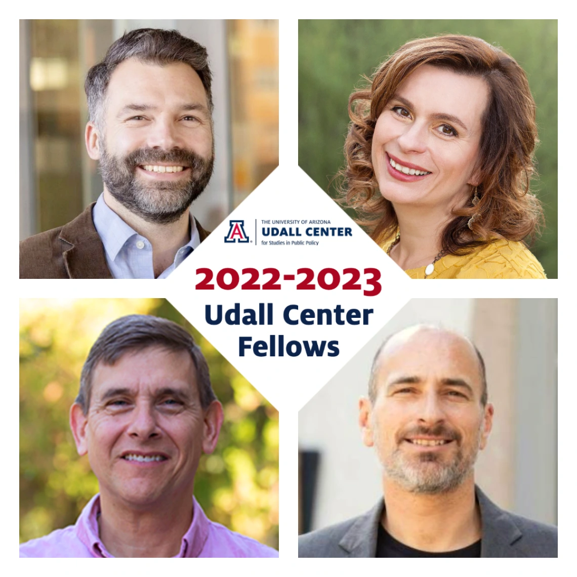 4 recipient photos bordering logo of Udall Center fellows from 2022-2023