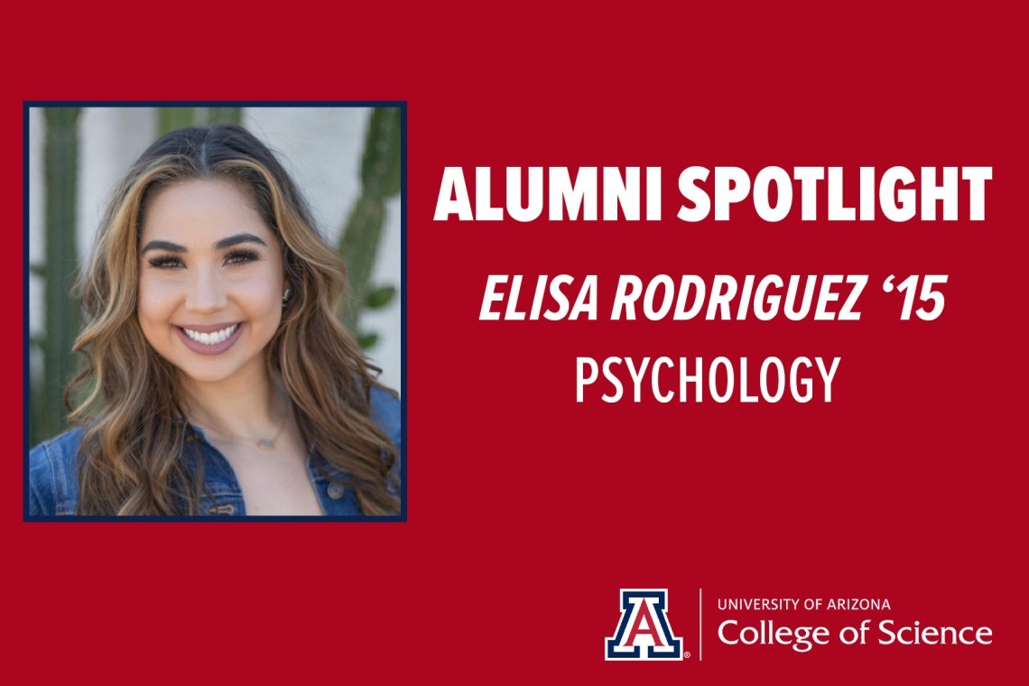 Red background with white text: College of Science Alumni Spotlight with Elisa Rodriguez headshot
