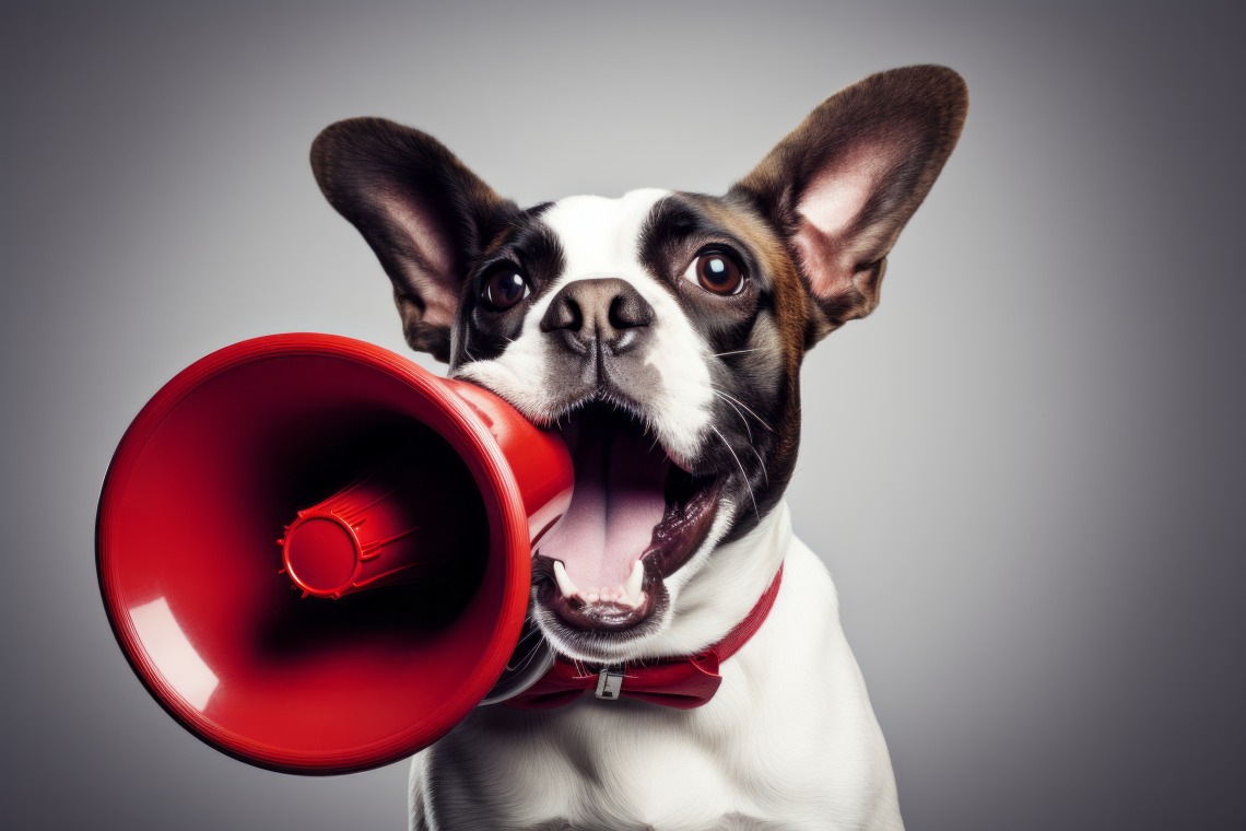 Boston terrier with red megaphone in mouth
