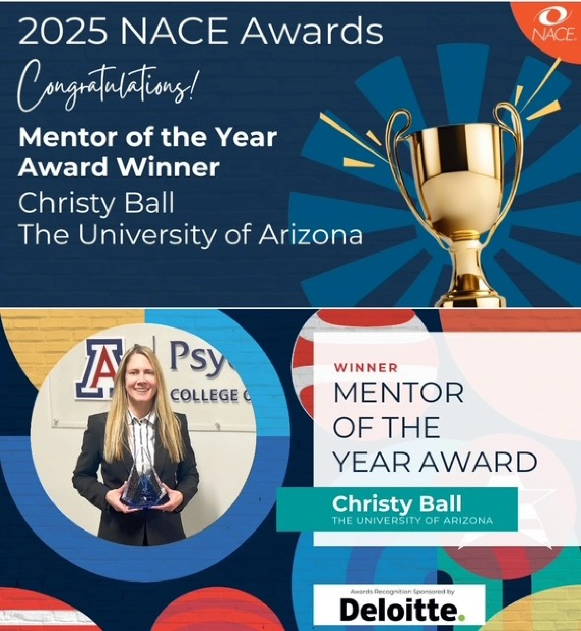 Christy Ball pictured with trophy as NACE Mentor of the Year awardee