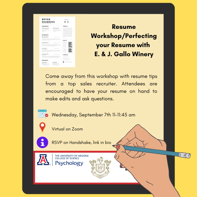 Event - Resume Workshop with E&J Gallo Winery - Flyer - yellow notepad with illustrated hand holding pencil, text saying RSVP on Handshake, link in bio