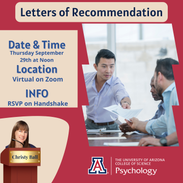 Event Flyer - Letters of Recommendation - September 29th at 12pm - Red background with Asian man handing document to 2 other men and Christy Ball host photo