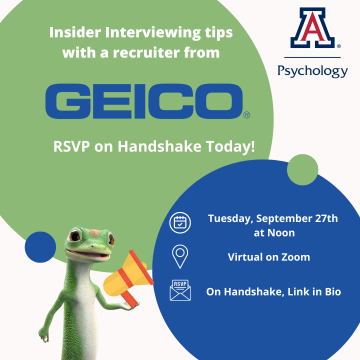 Event Flyer - How to Interview - tips with Geico recruiter September 27th at 12pm - Green & blue circle background with Geico logo and gecko