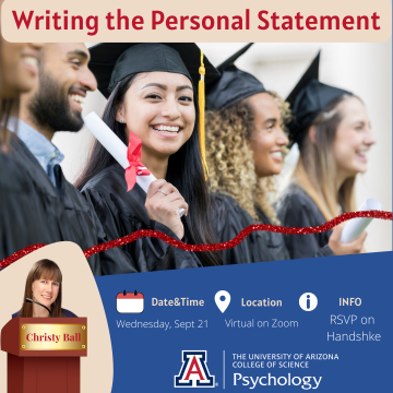 Event Flyer - Writing the Personal Statement - September 21st at 12pm - a row of students graduating and picture of host Christy Ball