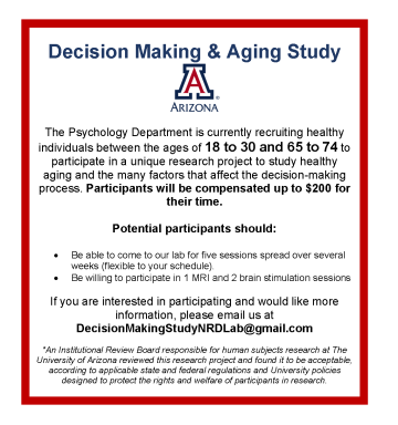 Research Study - Flyer - Decision Making and Aging Study - Red border with blue title and black text