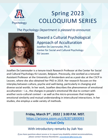Colloquium - De Leersnyder - Psychological Approach of Acculturation - speaker headshot and presentation summary