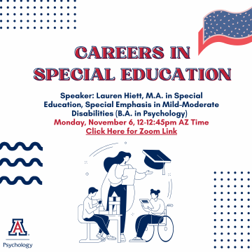Event - red & white blue flyer with illustrations of woman, man seated, and man in wheelchair - Career Prep in Special Education 