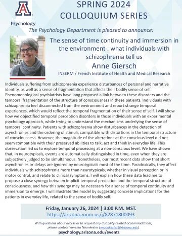 Colloquium - Flyer - Giersch, Anne - Time Continuity, Environment, & Schizophrenia (01.26.24)