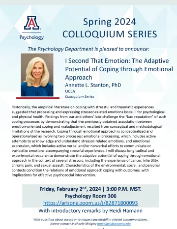 Colloquium Flyer for Annette Stanton on Coping Through Emotional Approach