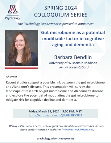 Colloquium Flyer for Barb Bendlin on the Microbiome in Aging & Dementia on March 29, 2024