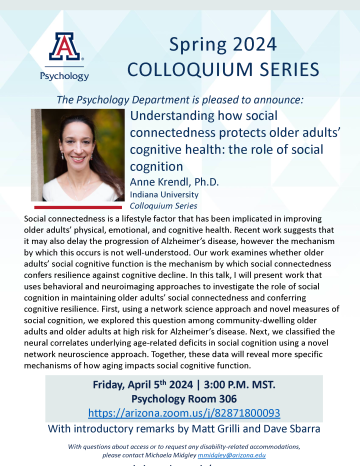 Colloquium Flyer for Anne Krendl on Social Cognition & Older Adults on April 5th, 2024