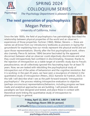 Colloquium Flyer for Megan Peters on Next Gen Psychophysics on April 12th, 2024 