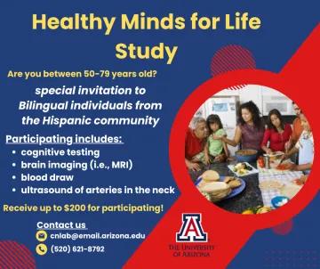 Research Study - Flyer - Healthy Minds for Life study in yellow text on blue background and image of Hispanic family of varying ages on red background