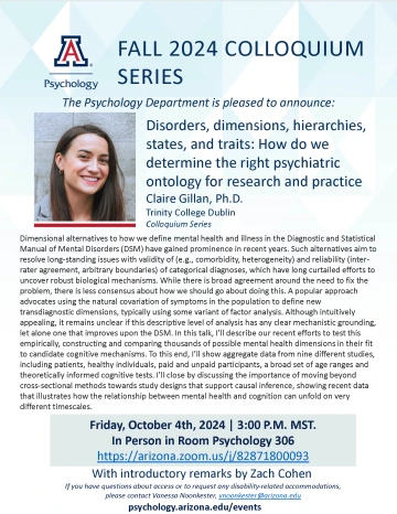 Colloquium Flyer for Claire Gillan's talk about Determining Psychiatric Ontology on October 4th, 2024