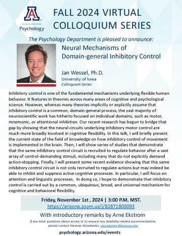 Colloquium Flyer for Jan Wessel's talk about Inhibitory Control on November 1st, 2024