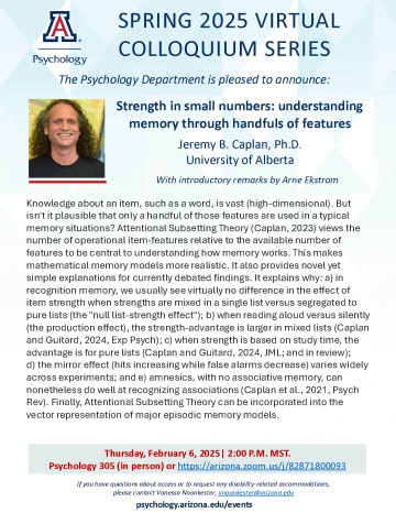 Colloquium event flyer for Jeremy Caplan's talk on understanding memory being held Thursday, February 6th, 2025