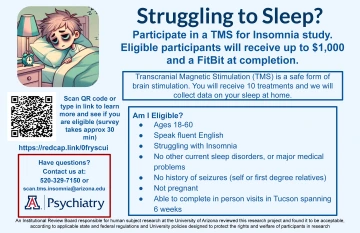 Flyer for Psychiatry Research Study involving TMS for Insomnia with a cartoon man with bedhead and bags under his eyes from lack of sleep