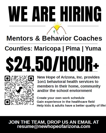 Job posting flyer for part-time Mentors & Behavior Coaches with New Hope of Arizona