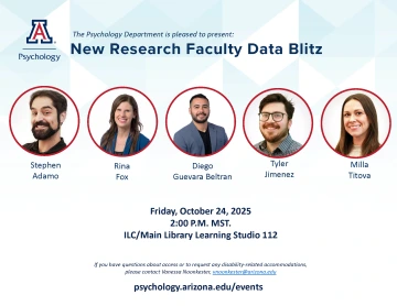 Flyer for Psychology 2025 New Faculty Data Blitz featuring Dr.'s Stephen Adamo, Rina Fox, Diego Guevara Beltran, Tyler Jimenez, & Mila Titova