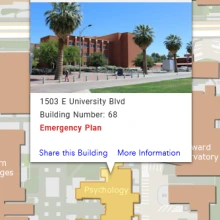 Screenshot of Psychology building on Campus Map website with Emergency Plan link displayed