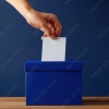 Hand depositing paper ballot into blue box